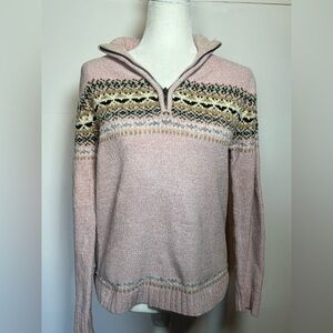 Cozy Fair Isle Quarter Zip Sweater Pink Cabin Core Knit Pullover S